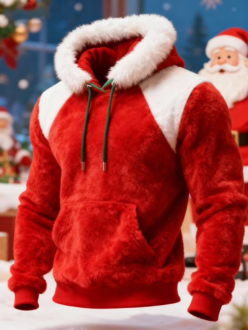 Men's Warm Plush Stitching Contrast Color Christmas Hooded Sweatshirt