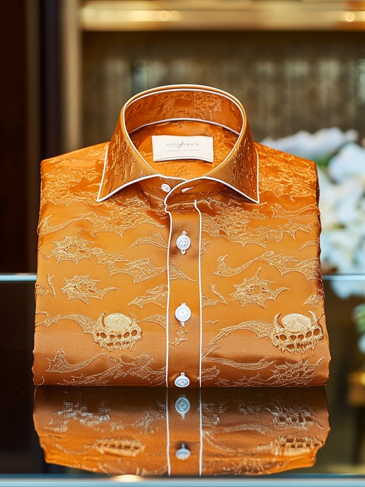 Men's Business Casual Orange Creative Print Lapel Long-Sleeved Shirt