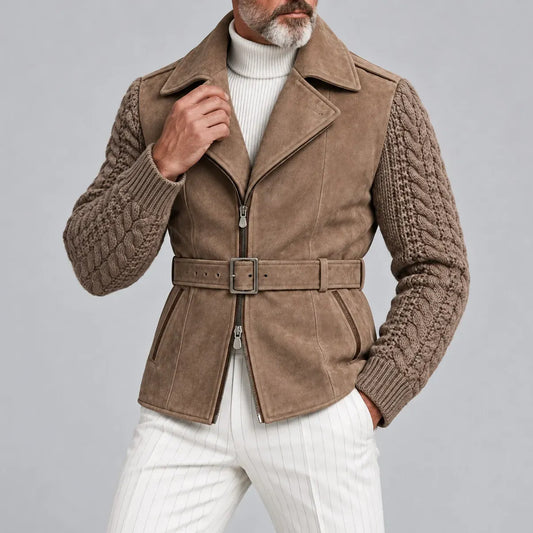 Men's Tan Suede Lapel Collar Cable Knit Long Sleeve Belted Zip-Up Jacket