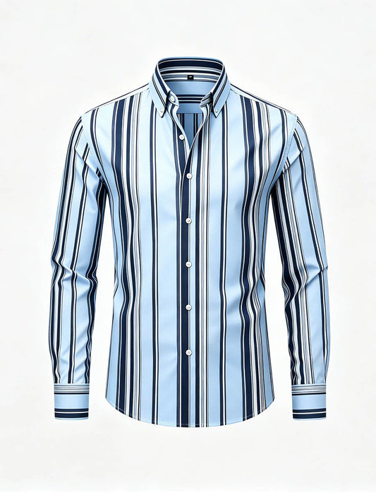 Men's Light Blue & Navy Color Matching Striped Printed Long Sleeve Shirt