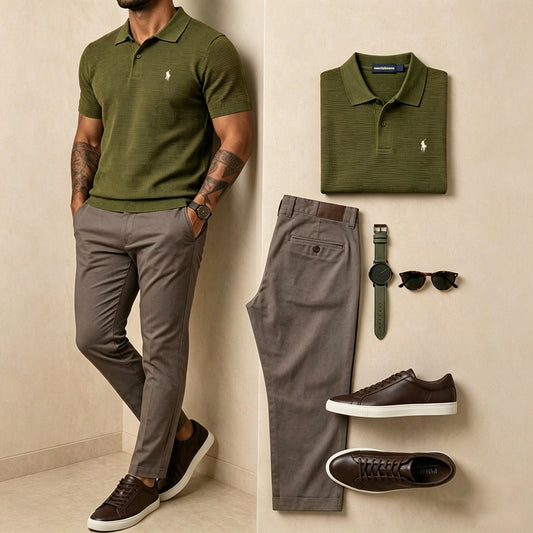 Navy Contrast Collar Polo & White Office Pants Suit