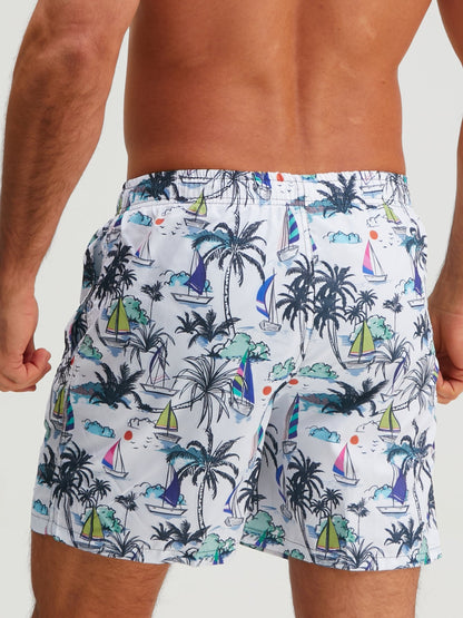 Palm Tree Sailboat Print Swim Shorts
