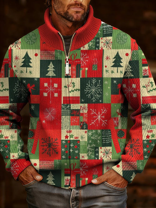 Men's Vintage Christmas Art Design Printed Knitted Jacquard Zip Comfort Jacket