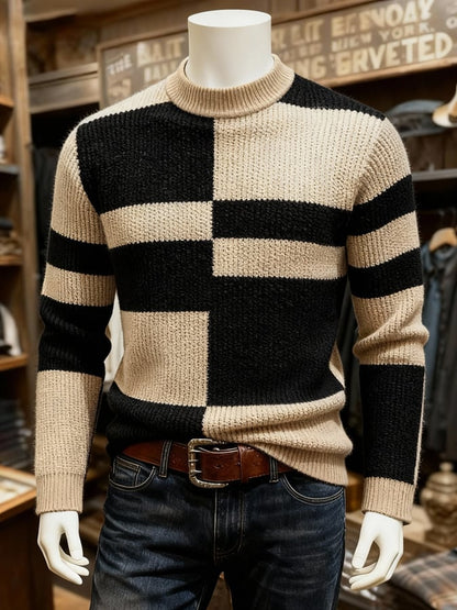 Men'S Warm Ribbed Contrast Color Mid-High Collar Sweater