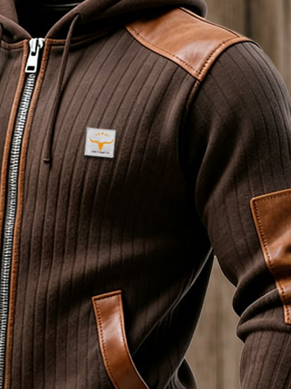 Men's Vintage Leather Patchwork Outdoor Knitted Ribbed Jacket