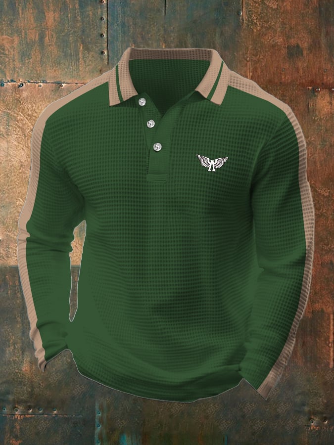 Men's Business Casual Waffle Fabric Long Sleeve Polo Shirt