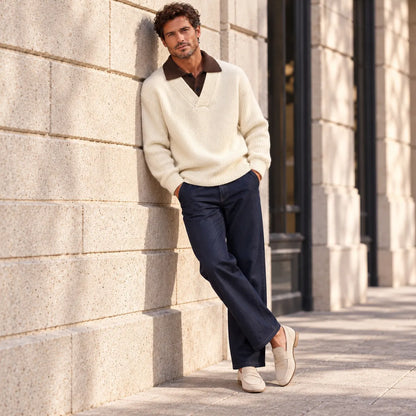 Men's Casual Solid Color Ribbed Knit Polo Collar Thick 2 in1 Pullover Sweater
