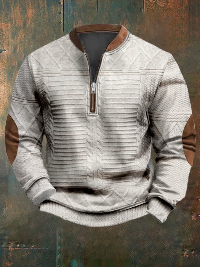Men's Vintage Knitted Jacquard Design Printed Zipper Collar Sweatshirt
