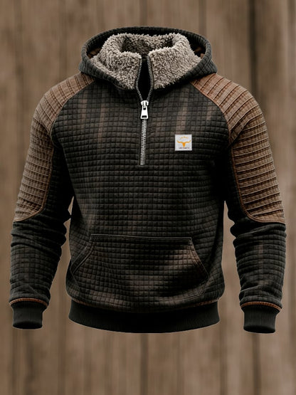 Men's Retro Waffle Stitching Contrast Color Comfortable Zipper Fur Collar Hooded Sweatshirt