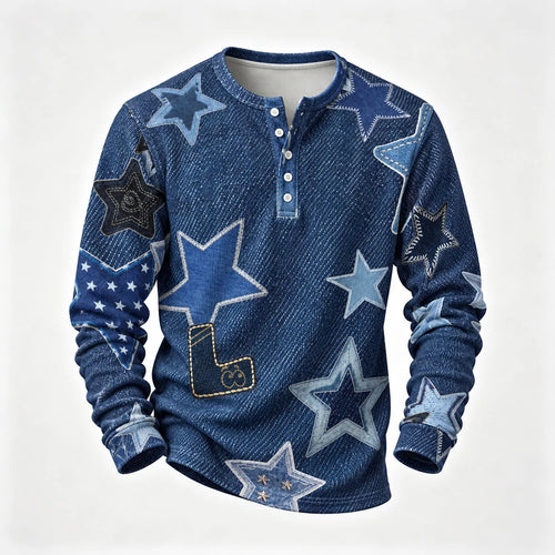 Men's Printed Henley-Neck Long-Sleeve Shirt