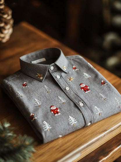 Men's Business Luxury Christmas Evergreen Pine and Santa Claus Print Long Sleeve Shirt
