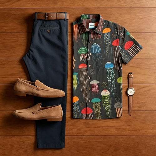 Men's Retro Style Colorful Jellyfish Print With Polo Collar Shirt & Pants Two-Piece Set