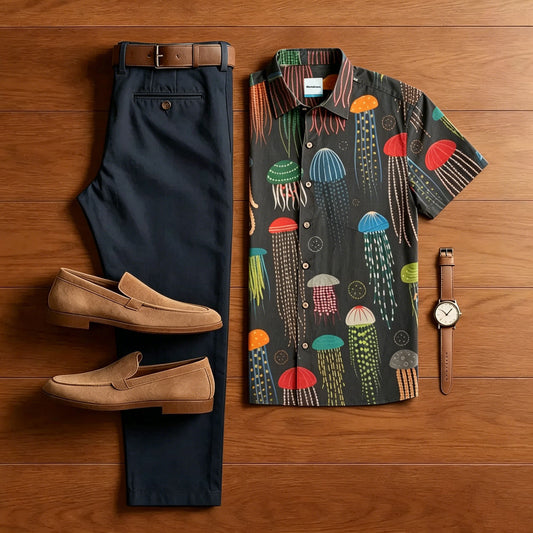 Men's Retro Style Colorful Jellyfish Print With Polo Collar Shirt & Pants Two-Piece Set
