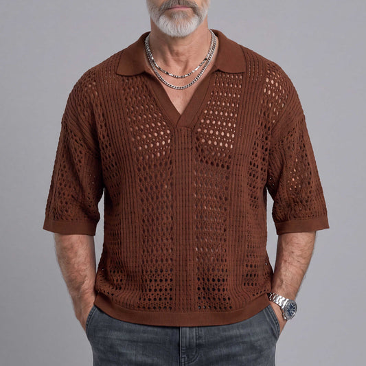 Openwork Mesh-Knit Short-Sleeve Polo Shirt