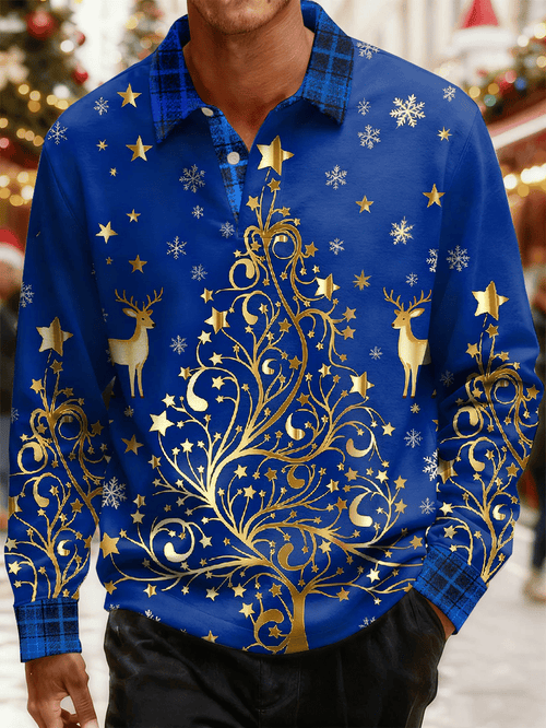 Men's Christmas Print Long-Sleeve Polo Shirt