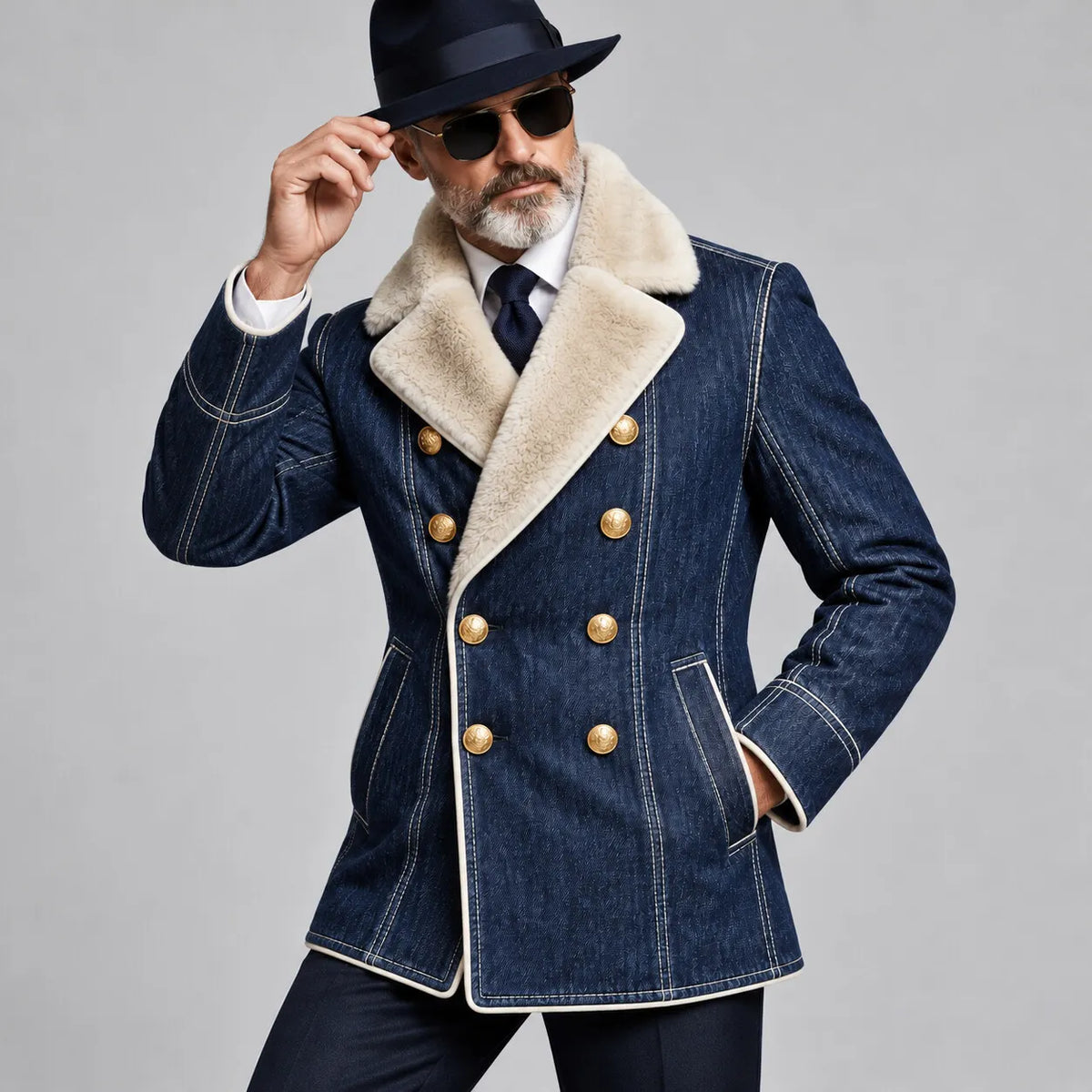 Men's Navy Blue Contrast Fuzzy Collar Topstitching Double-Breasted Denim Blazer