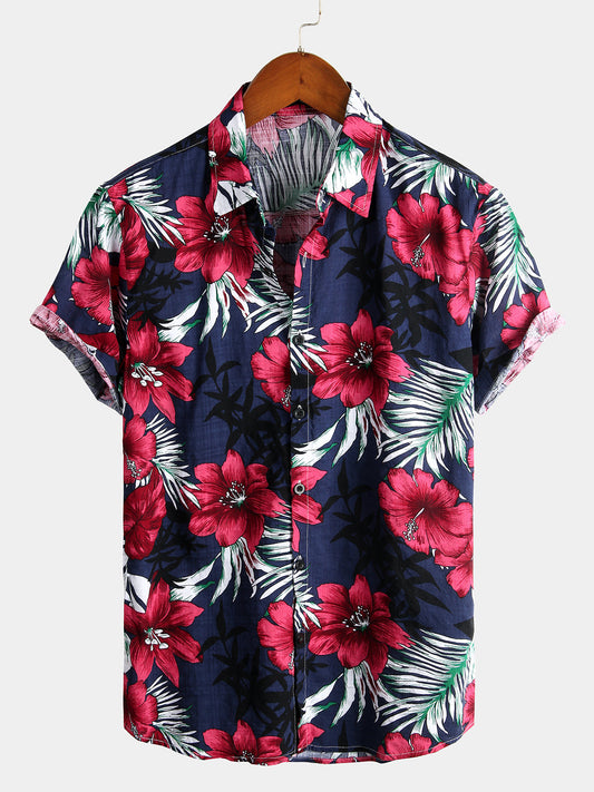 Men's Flower Tropical Hawaii Cotton Short Sleeve Shirt