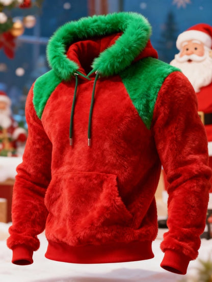 Men's Warm Plush Stitching Contrast Color Christmas Hooded Sweatshirt