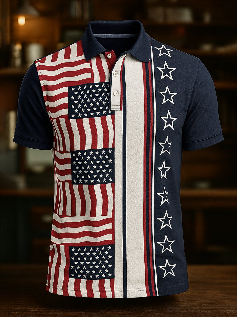 Men's Business Casual Independence Day Button Short Sleeve Polo Shirt