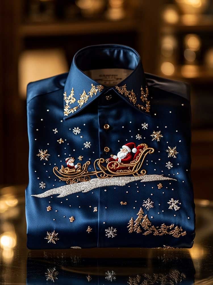 Men's Christmas Satin Luxe Long Sleeve Button Down Shirt
