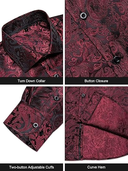 Men's Silk Paisley Dress Shirts,Red Black Paisley