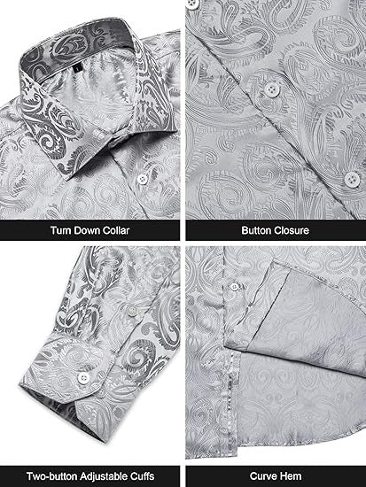 Men's Silk Paisley Dress Shirts,Solid Silver