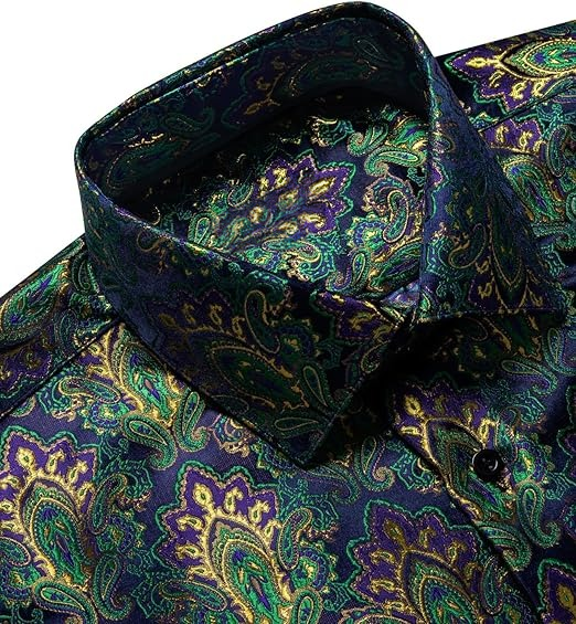Men's Silk Paisley Dress Shirts,Green Gold