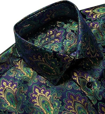 Men's Silk Paisley Dress Shirts,Green Gold