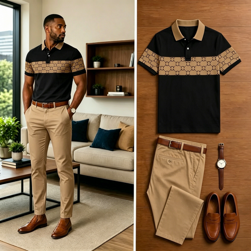 Men's Casual Floral Print Polo Shirt And Pants Two-Piece Set