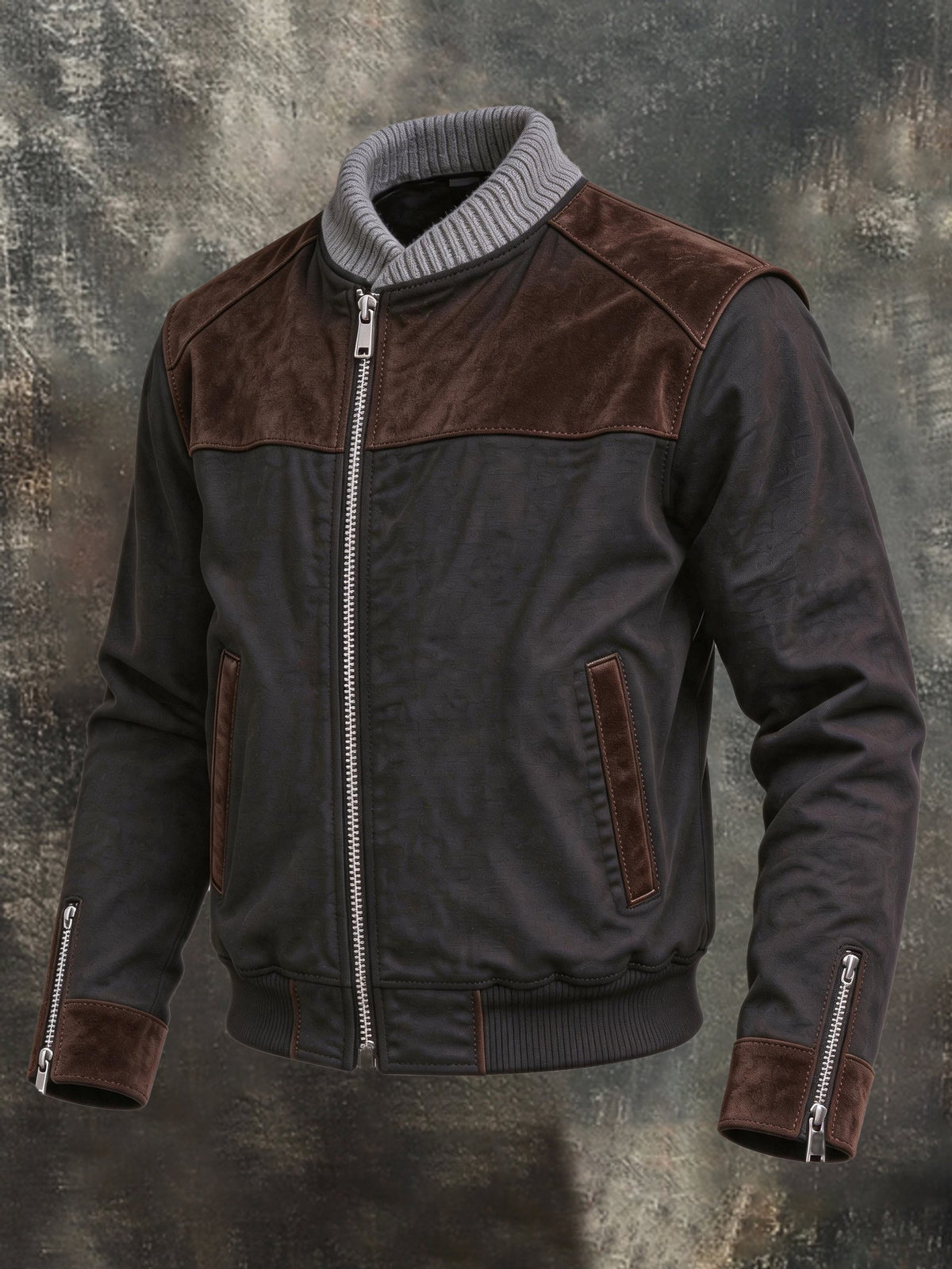 Men's Retro Faux Suede Panel Jacket with Ribbed Stand Collar