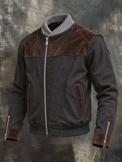 Men's Retro Faux Suede Panel Jacket with Ribbed Stand Collar