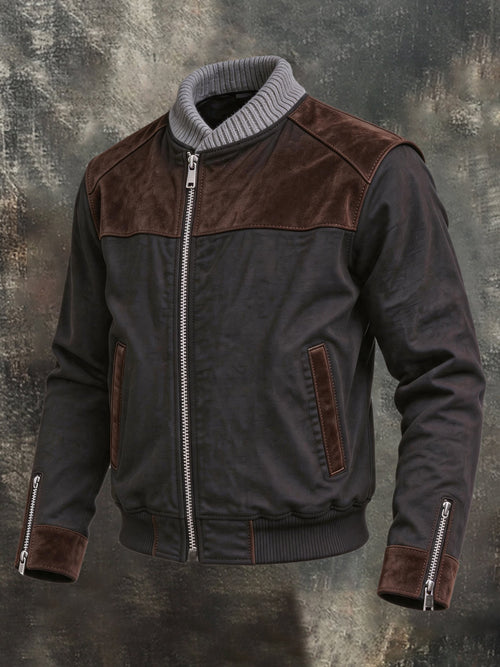Men's Retro Faux Suede Panel Jacket with Ribbed Stand Collar