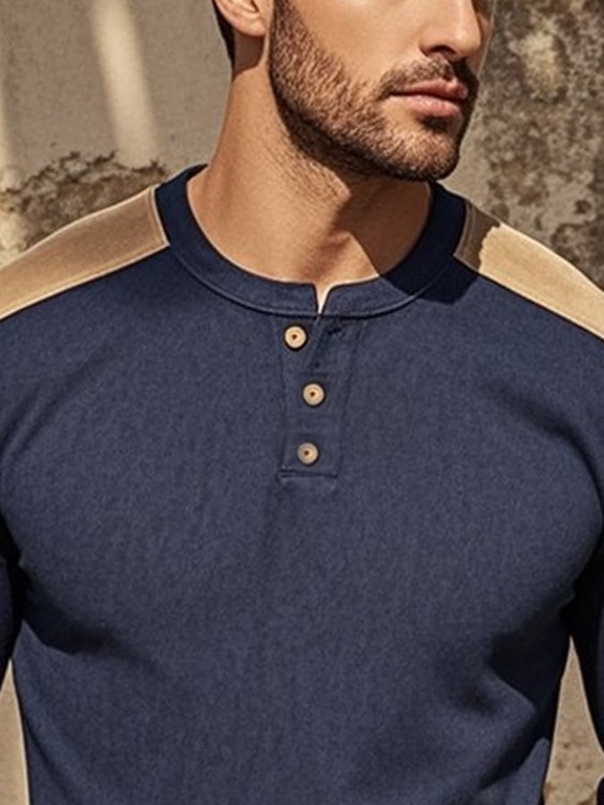 Men's Casual Retro Casual Colorblock Long Sleeve Henley Shirt
