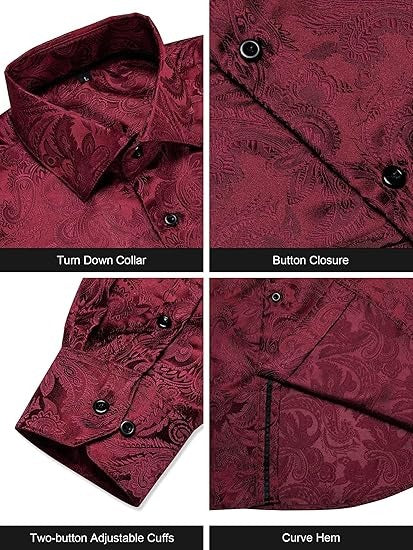 Men's Silk Paisley Dress Shirts,Burgundy Paisley