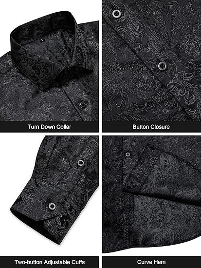 Men's Silk Paisley Dress Shirts,Black Paisley