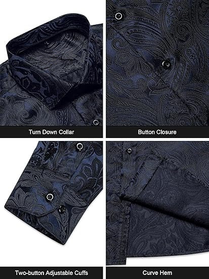 Men's Silk Paisley Dress Shirts,Dark Blue Black Paisley
