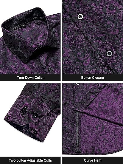 Men's Silk Paisley Dress Shirts,Black Purple