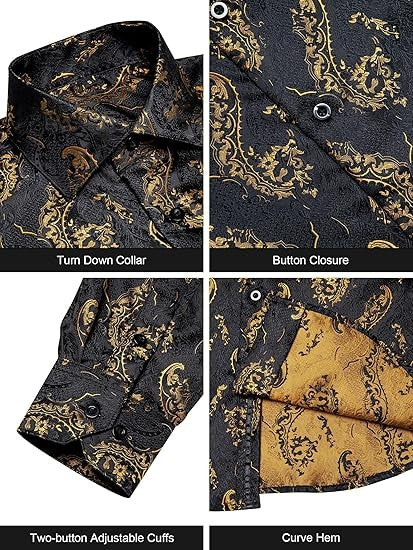 Men's Silk Paisley Dress Shirts,Black Gold