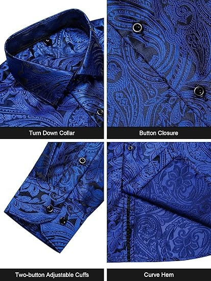 Men's Silk Paisley Dress Shirts,Black Blue Paisley