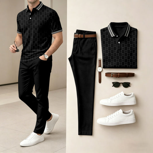 Men's Black Printed Short-Sleeve Polo Shirt and Pants Two-Piece Set
