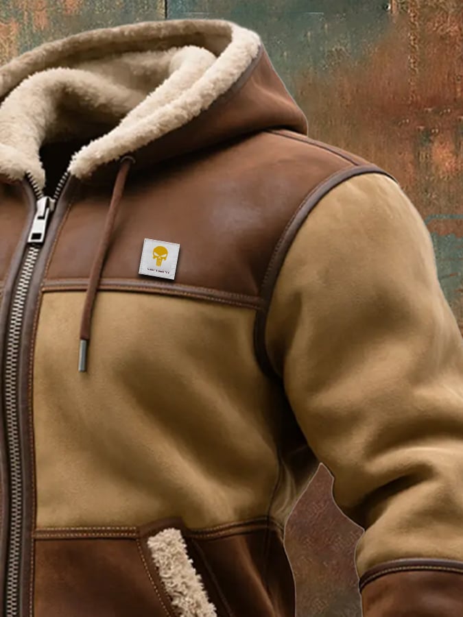 Men's Vintage Suede and Leather Hooded Warm Jacket