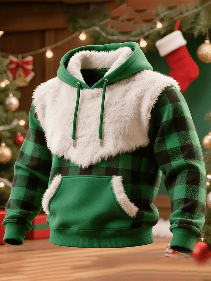 Men's Plush Patchwork Christmas Plaid Hooded Sweatshirt