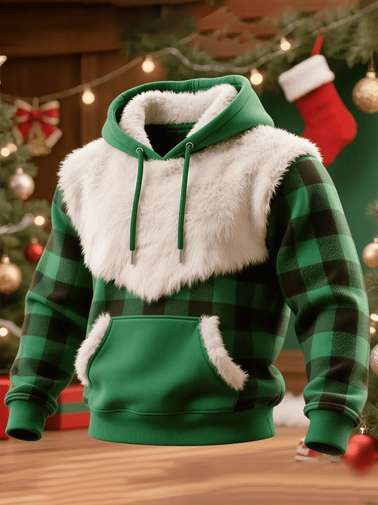 Men's Plush Patchwork Christmas Plaid Hooded Sweatshirt