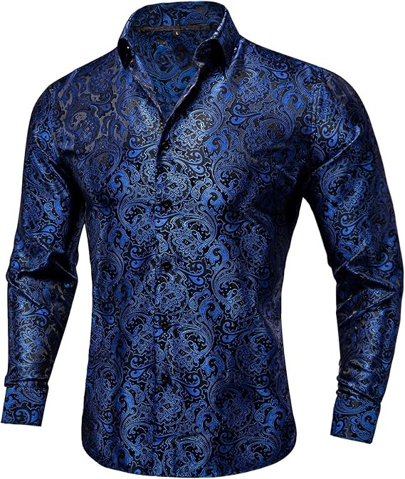 Men's Silk Paisley Dress Shirts,Blue