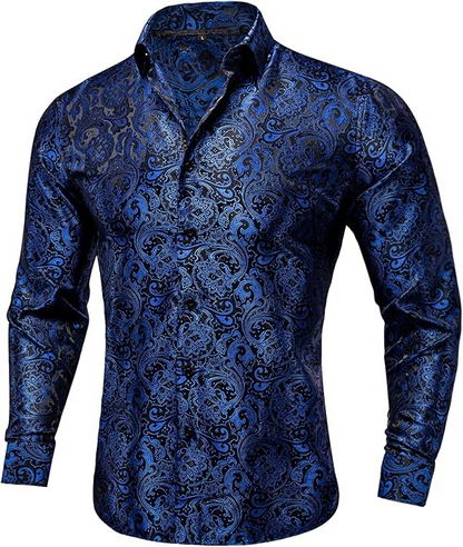 Men's Silk Paisley Dress Shirts,Blue