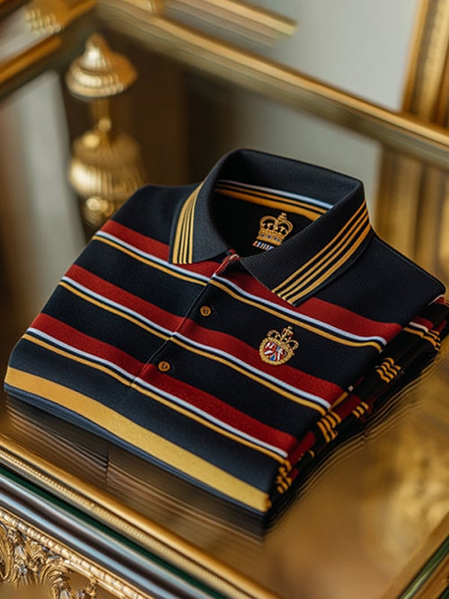 Men's Retro Business Stripe Print Long Sleeve Polo Shirt