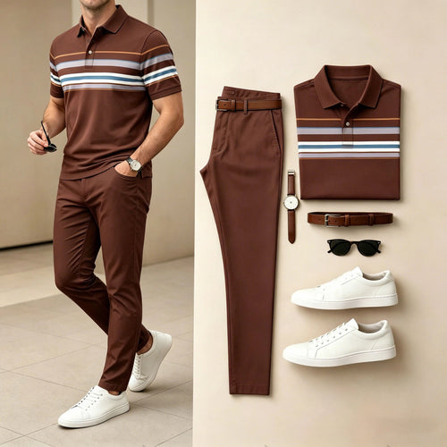 Men's Casual Printed Polo Shirt And Pants Two-Piece Set
