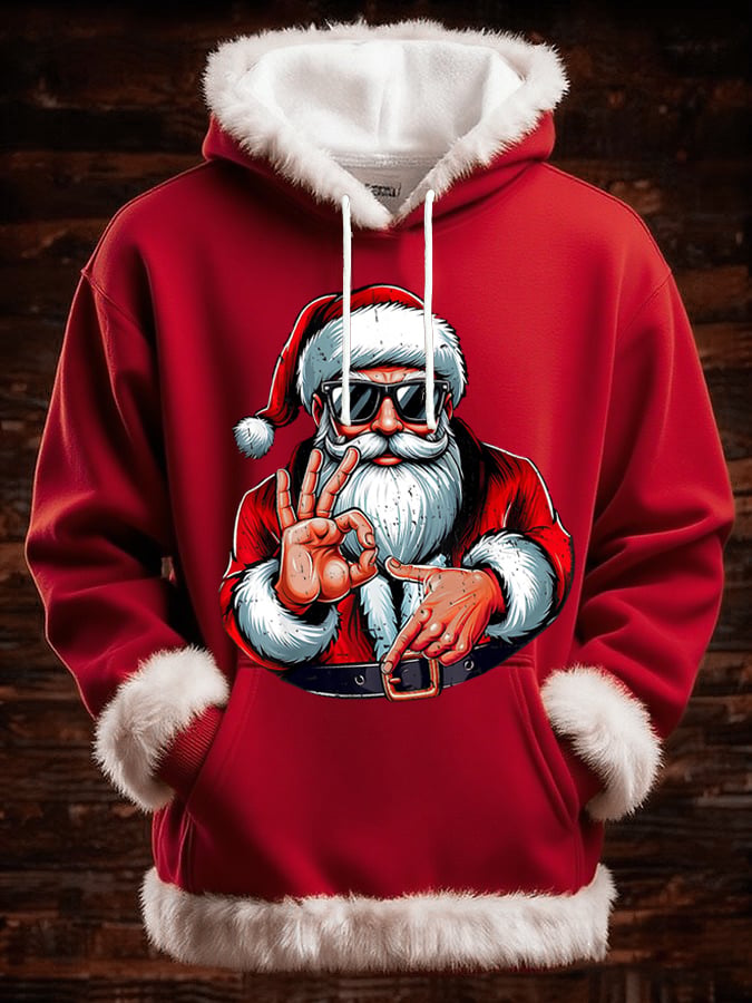 Men's Black Santa Claus Print Furry Hooded Top