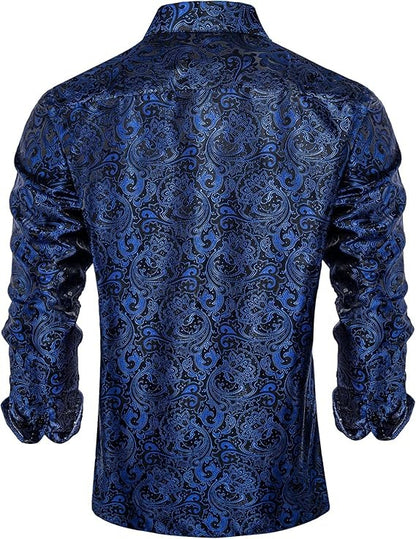 Men's Silk Paisley Dress Shirts,Blue