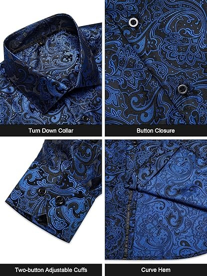 Men's Silk Paisley Dress Shirts,Blue